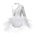 thumbnail image 7 of iiniim Kids Girls Sequin Ballet Dance One Shoulder Long Sleeve Gymnastic Leotard Jazz Dress Silver 10, 7 of 7