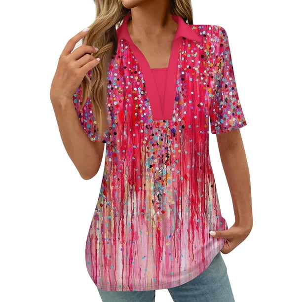 Tops Cortos para las Mujeres Blusas Impresas Manga Corta Turndown Collar Camiseta, Tops de Blusa para las Mujeres Casual