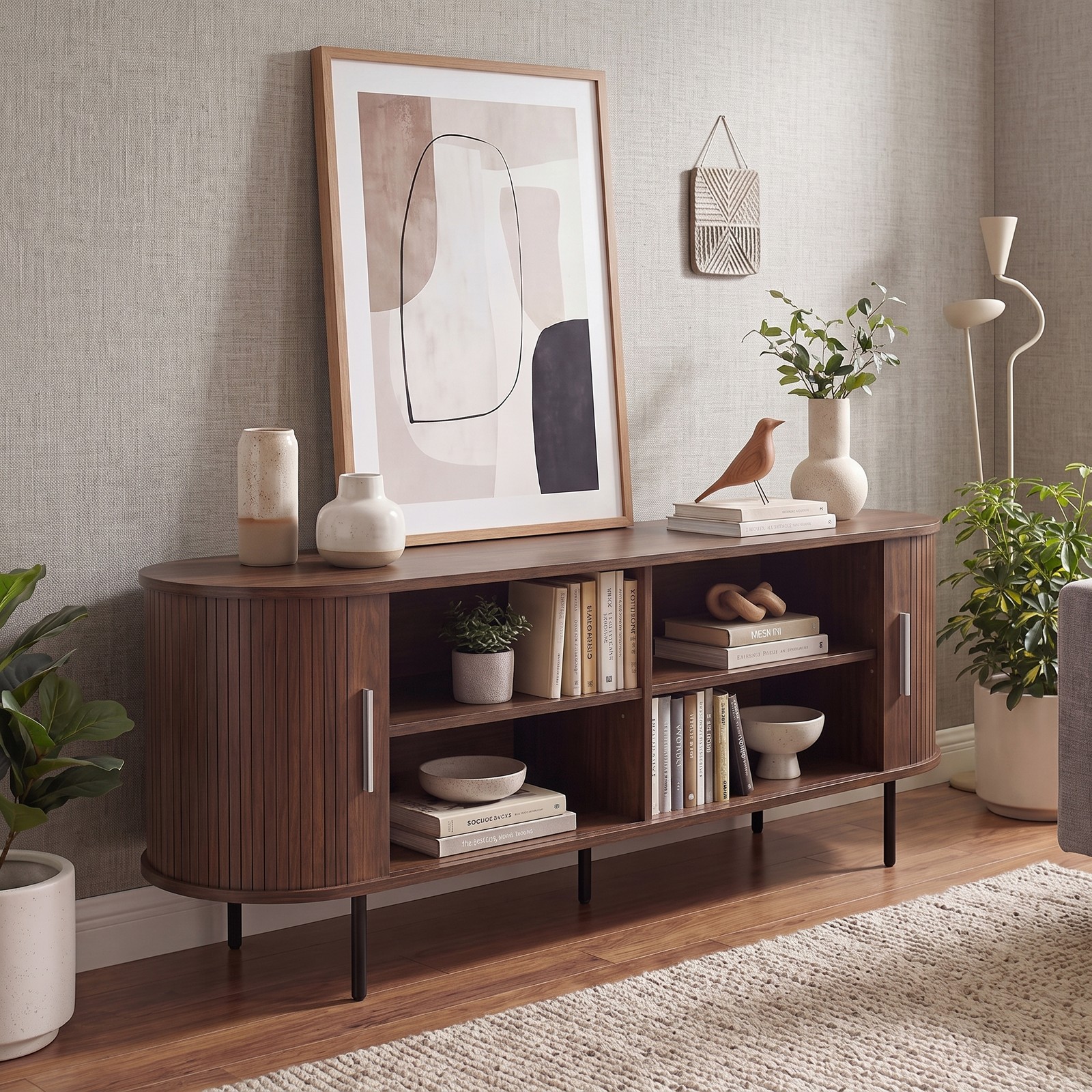 Furnibear Fluted TV Stand for TVs up to 60 Inch, Mid Century Modern Curved Entertainment Center with Open Storage Shelves, Wood Media Console Table for Living, Walnut