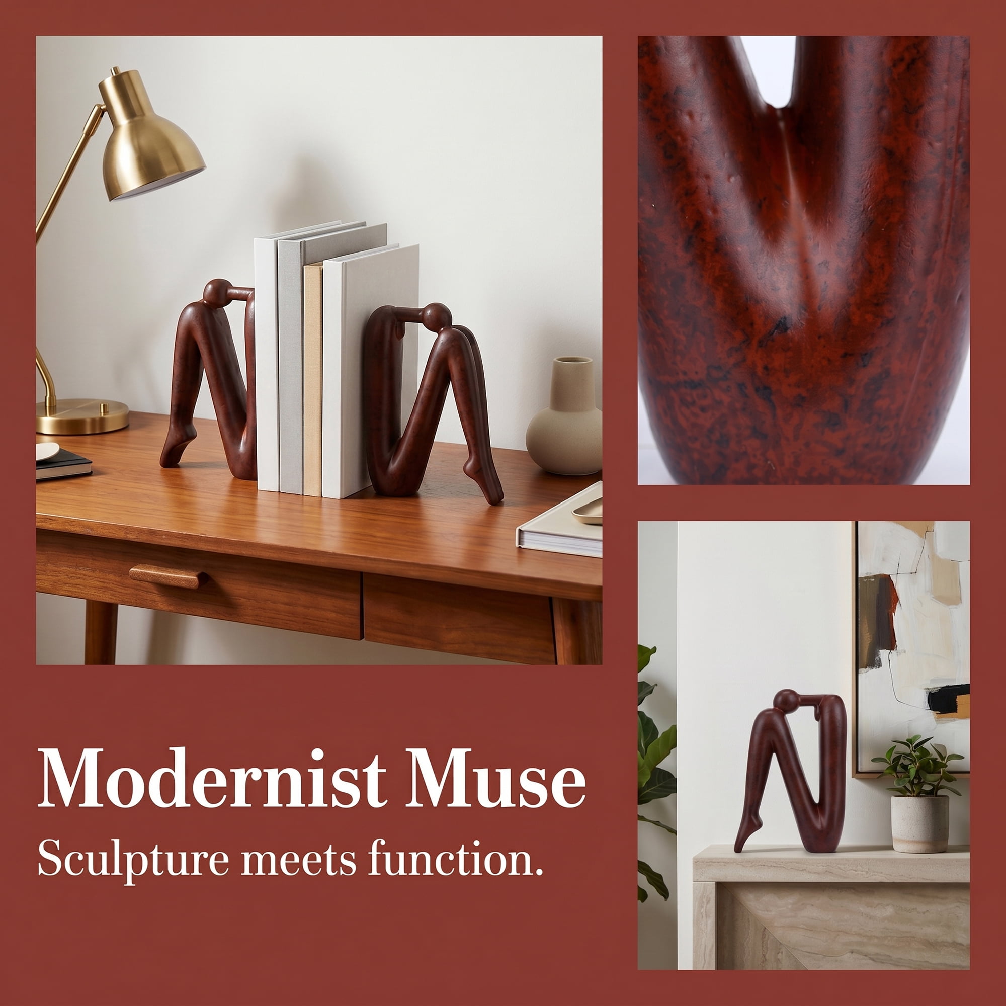 Unique Bargains Human Figure Bookends, Thinking Man Statue Decorative Book Ends Rust Red 5.5"x2.4"x8.3"
