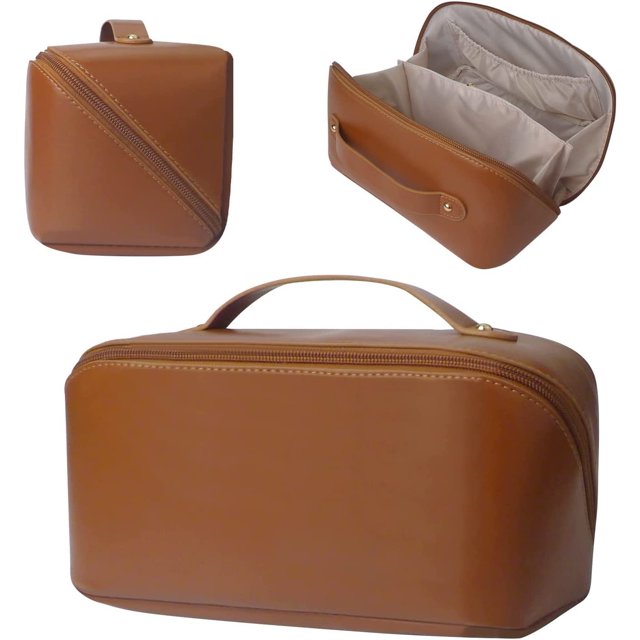 Bolsa de cosméticos marrón, bolsa de cosméticos de viaje de gran capacidad, con