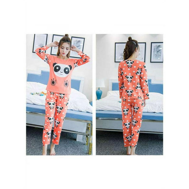 Women Girls Long Sleeve Pajama Sets Cute Cat Patterns Sleepwear Cartoon  Cotton Pajamas