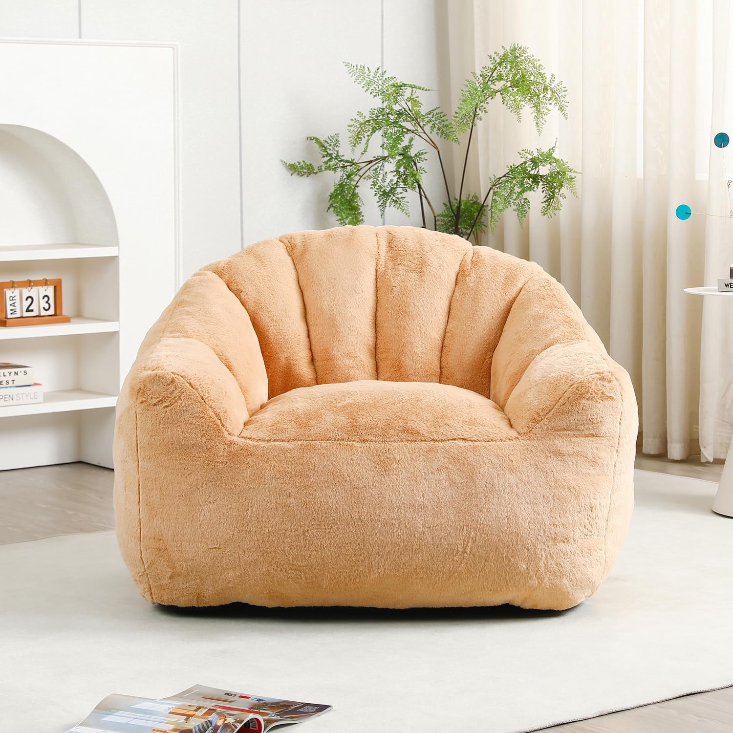 Bean Bag Chair with Arms for Adults - Furry Lazy Sofa, Armrests Stuffed High-Density Foam Filler Chair, Small Cozy Reading in Bedroom Living Room and Dorms (Brown)