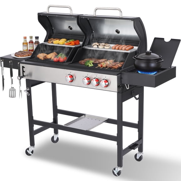 CIG GARDEN 3-Burner Gas and Charcoal Grill Combo with Side Burner, Cast Iron Grates, and Griddle Pan