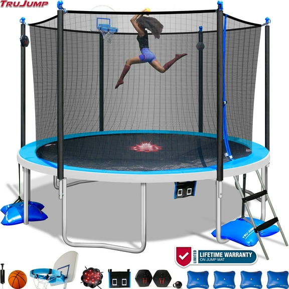 TruJump 14 FT ULTIMATE MULTIPLAY Heavy Duty Outdoor Trampoline with Dunk Zone Basketball Hoop system, Safety Enclosure Net, Electron Shooter, Water Anchor, Flashlite Zone and Phone Pouch