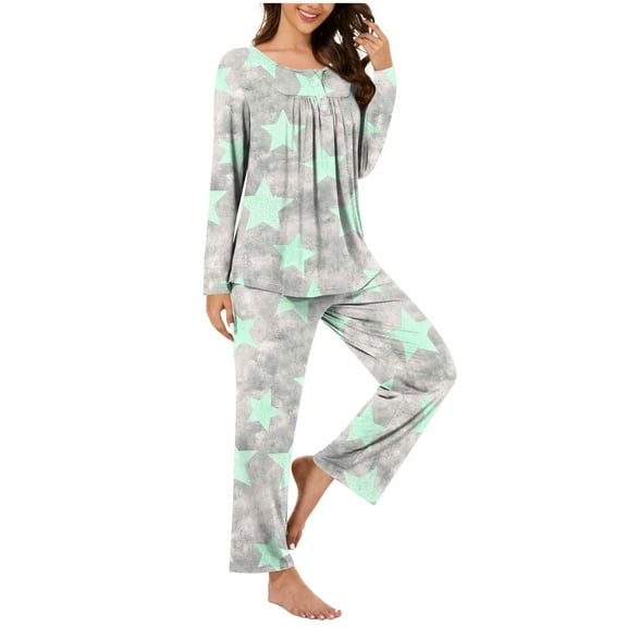 Aoujea Up to 50% off Ladies Pajamas Sets Plus Size Long Sleeve Pajamas for Women Comfy Fashion And Casual Loose Printed Round Neck Button Up Long Sleeved Pants Pajama Set on Clearance