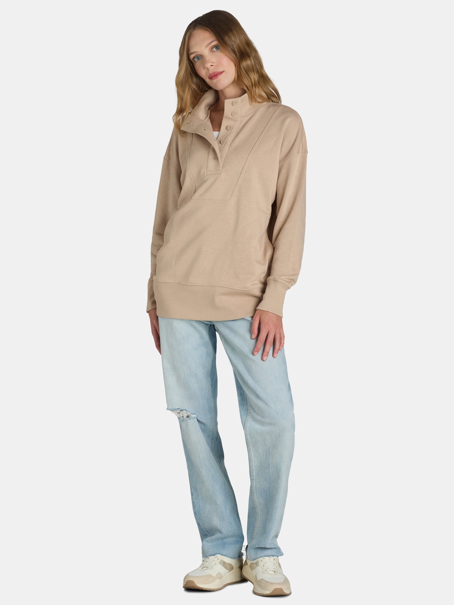 Time and Tru Women's Mock Neck Sweatshirt with Button Placket, Sizes XS-XXXL
