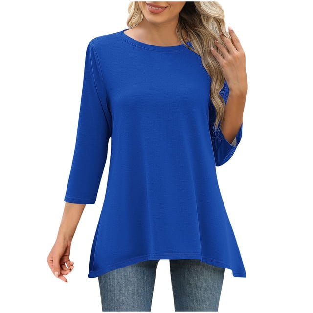 UNITWRY Hauts à Manches 3/4 pour Femmes Blouses Habillées Tunique Col Rond Chemise Décontractée Imprimée Chandail