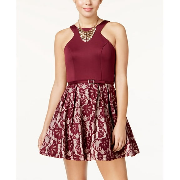 Crystal Doll Juniors Scuba Lace Fit Flare Dress Wine/Nude 3