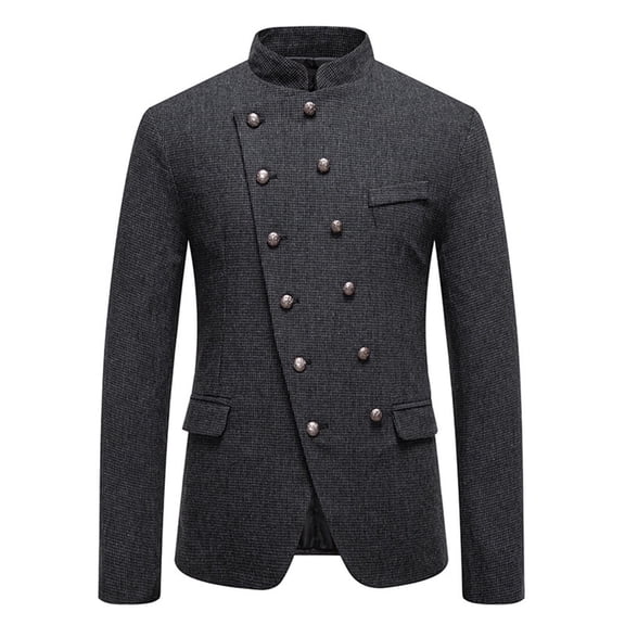 Kakii Men's Check Double Breasted Blazer, Slim Fit Business Jacket with Stand Collar & Metallic Buttons, Tailored Regal Style Suit Coat
