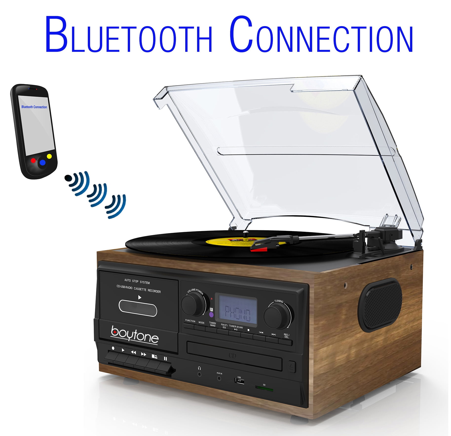 Boytone Bluetooth Record Player Turntable AM/FM Radio/Cassette/CD/MP3/SD/USB/AUX 