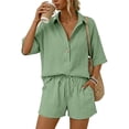 thumbnail image 2 of WAYUTE Short Sets Women 2 Piece Outfits Trendy Lapel Solid Color Blend Shirt and Shorts with Pockets Comfortable Soft Summer Casual Wear, 2 of 7