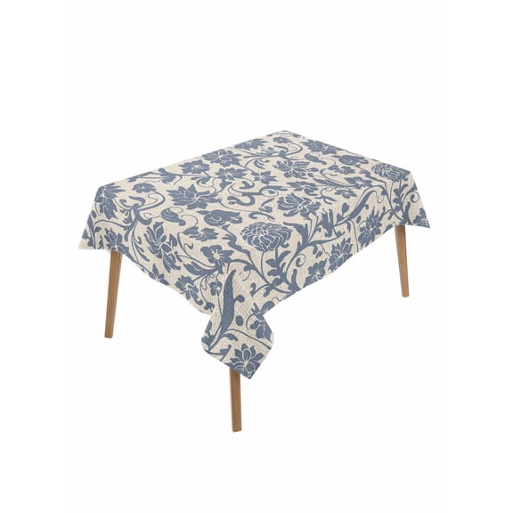 Light Blue Floral Table Cloth, Rustic Vintage Flowers Botanical Spring Waterproof Tablecloth for Rectangle Tables, Reusable Washable Fabric Table Cover for Restaurant Kitchen Dining Tables 52"x70"