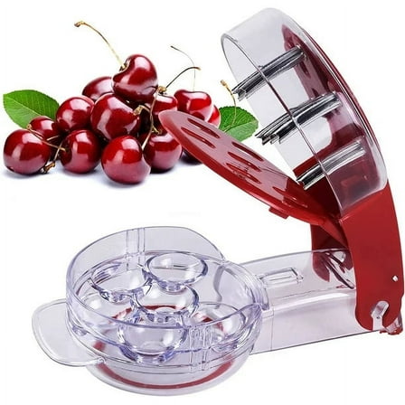 Cherry Pitter , Stainless Steel Multiple Cherry Extractor Remover , Machine with Pits and Juice Container 6 Cherries(Red)