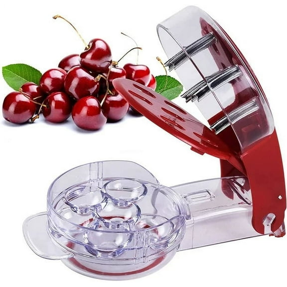 Cherry Pitter , Stainless Steel Multiple Cherry Extractor Remover , Machine with Pits and Juice Container 6 Cherries(Red)
