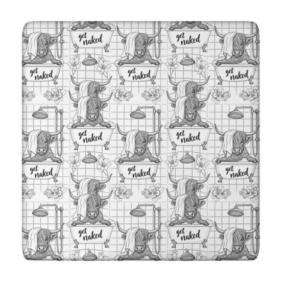 White Highland Cow Bathtub Flower Pattern Square Fitted Tablecloth with Elastic Edge,Square Table Cover,Washable Elastic Table Cover for Home Kitchen Party Decor 34"x34"