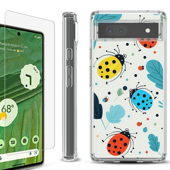 Shockproof Bumper Phone Case for Google Pixel 6a, with Tempered Glass Screen Protector, by OneToughShield ® - Ladybug Mix