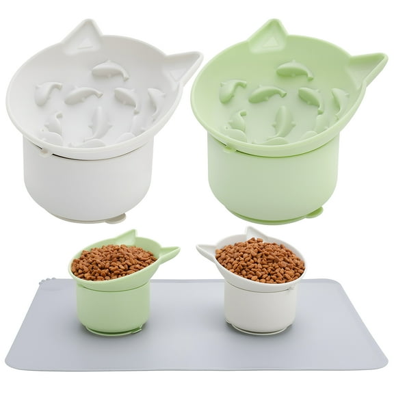 shuaien 2 Pack Silicone Slow Feeder Cat Bowl, Tilted Elevated Cat Bowl with Silicone Pad, Adjustable Angle Raised Pet Bowl with Non Slip Base Digestion Anti Vomit for Dry and Wet Food