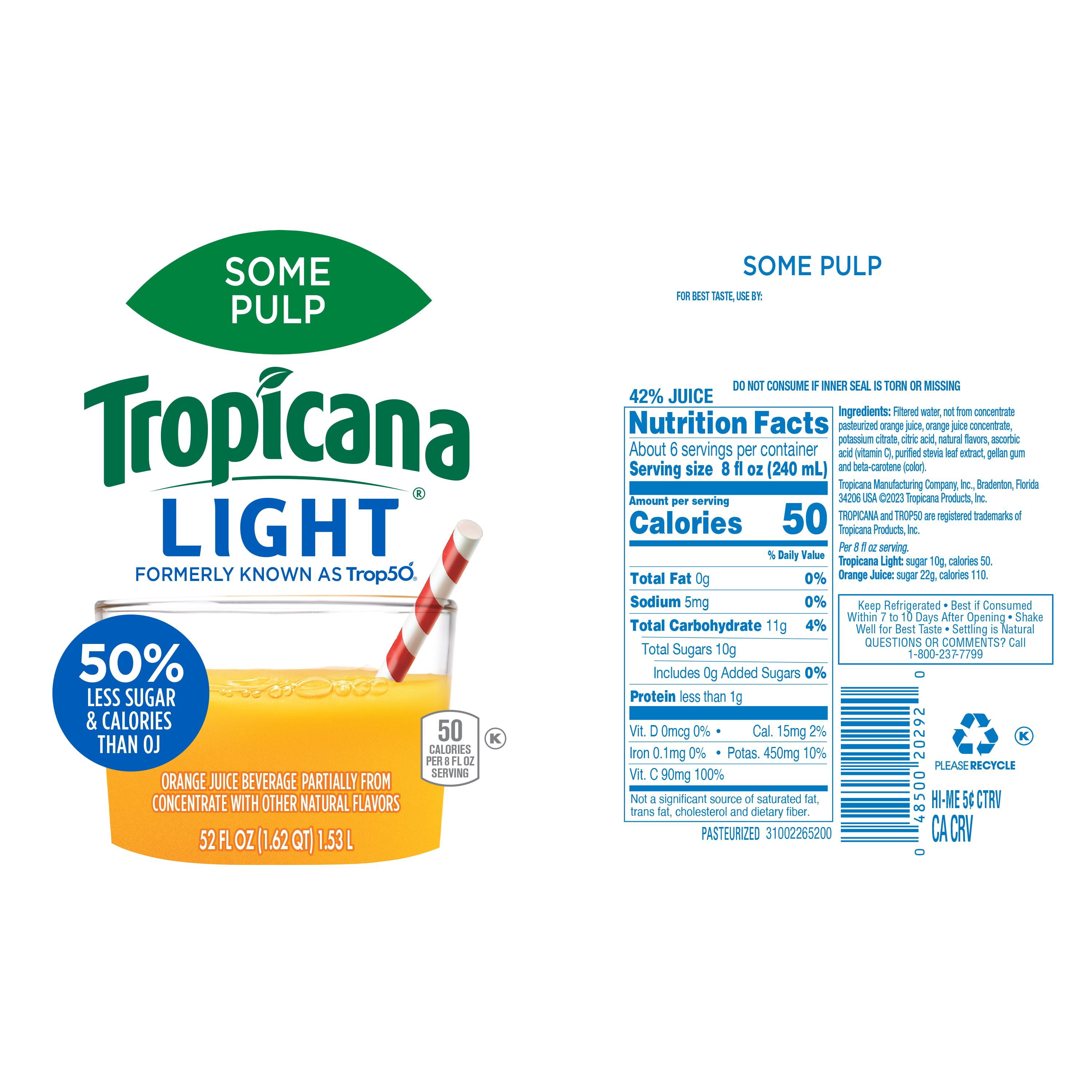 (2 pack) Tropicana Light No Artificial Sweeteners, Less Sugar Some Pulp Orange Fruit Juice, 52 oz Bottle