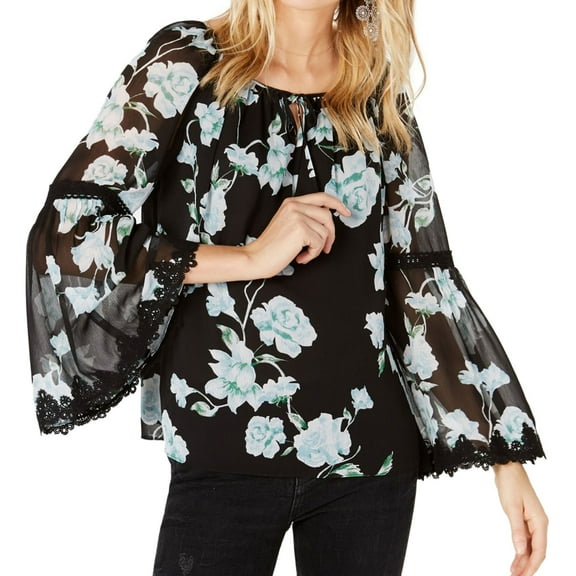 I.N.C Womens Floral Bell-Sleeve Pullover Blouse, Black, Small