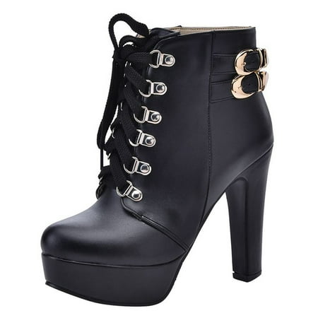 

Ankle Boots for Women Up Belt Buckle Ankle Heel High Boots Women s Lace Boots Fashion Women s Boots PU heeled sandals Black