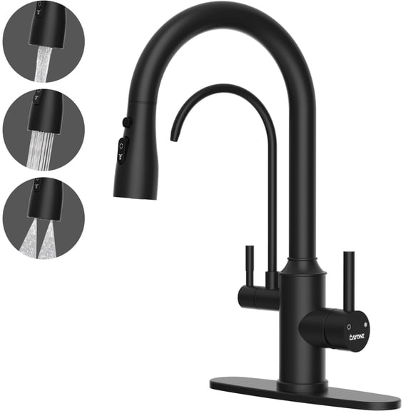 DAYONE Matte Black Kitchen Faucet with Drinking Purfied Water Faucet, 3 Holes High Arc 3 in 1 Sink Tap Stainless Steel, Two-Handle 3-Way Pull Down Sprayer, (Without System)