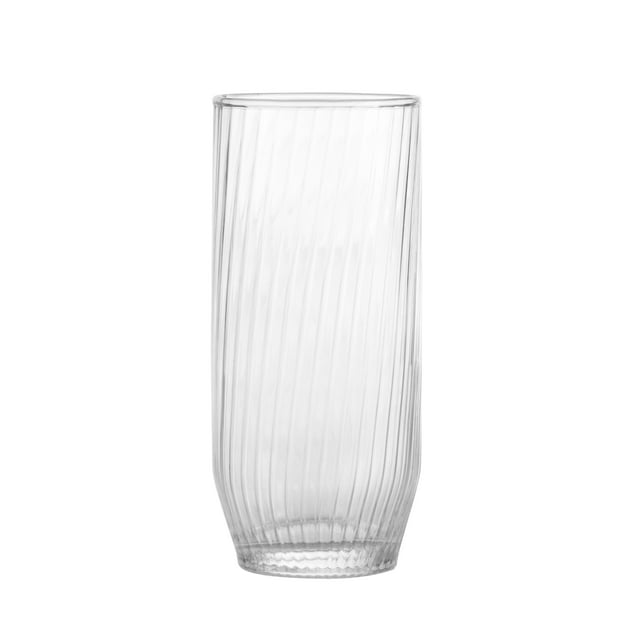 Vaso Crisa de Vidio Modelo Brisa HB Transparente, vaso alto de vidrio transparente con diseño de líneas diagonales en relieve, capacidad de 465 mililitros, apto para lavavajillas, no retiene olores ni manchas, ideal para uso doméstico en cocina y mesa, también adecuado para servir bebidas frías y calientes.