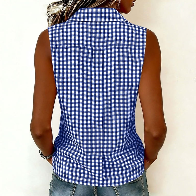 Ihhxva Women's Linen Tops Gingham Sleeveless Blouse Button Detail