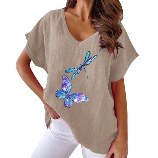 Gibobby Blusa Casual de Mujer Camiseta informal suelta con cuello en V y estampado mariposas manga corta para mujer(Caqui,XL)