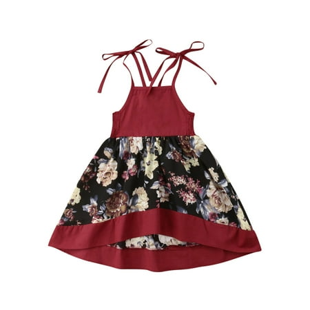 

Toddler Girl Baby Kids Colorful Summer Halter Fashion Backless Dress Sundress (Wine Red(Floral) 2T