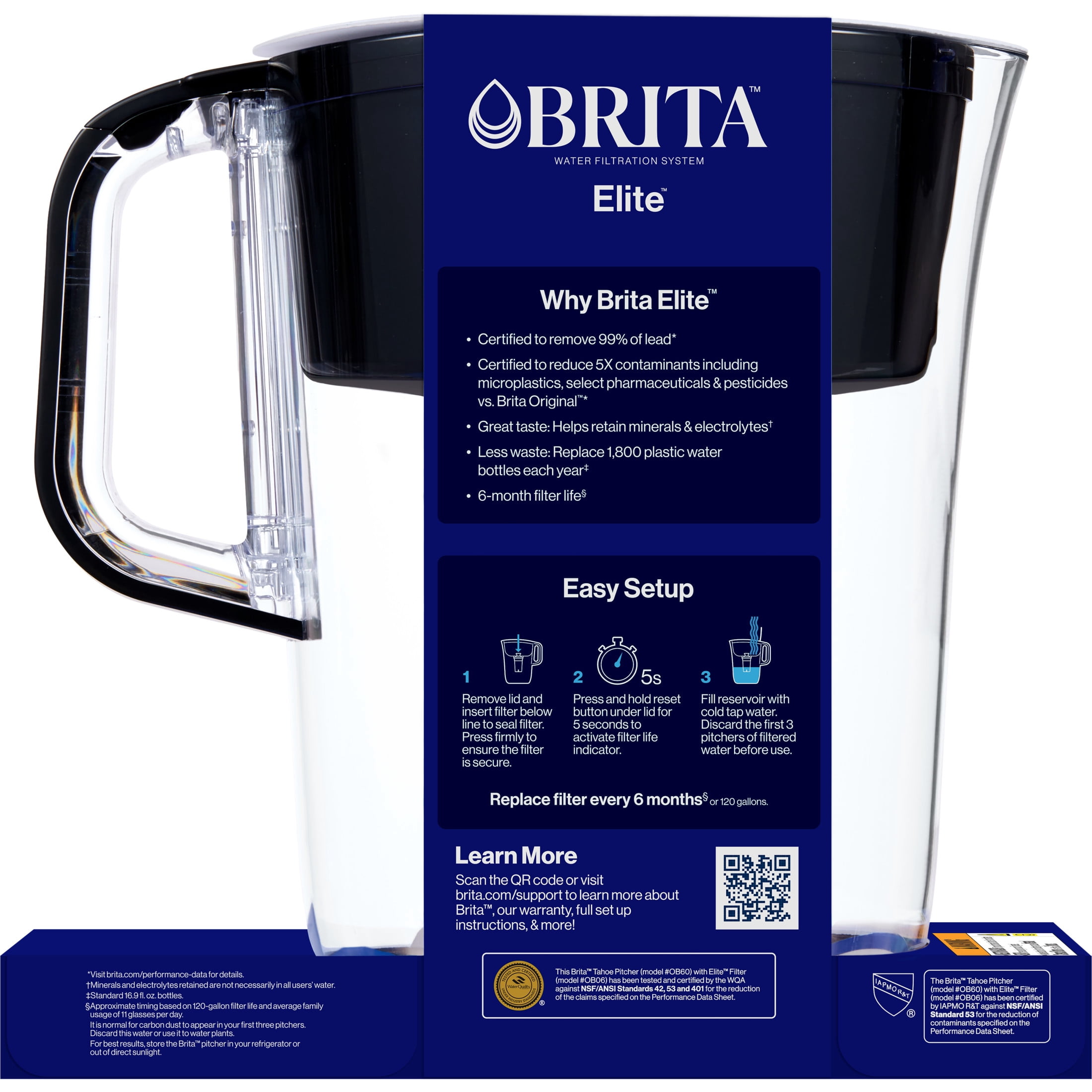 Brita 10 Cup Large Plastic Water Filter Pitcher, Black, BPA Free with 1 Elite Brita Filter