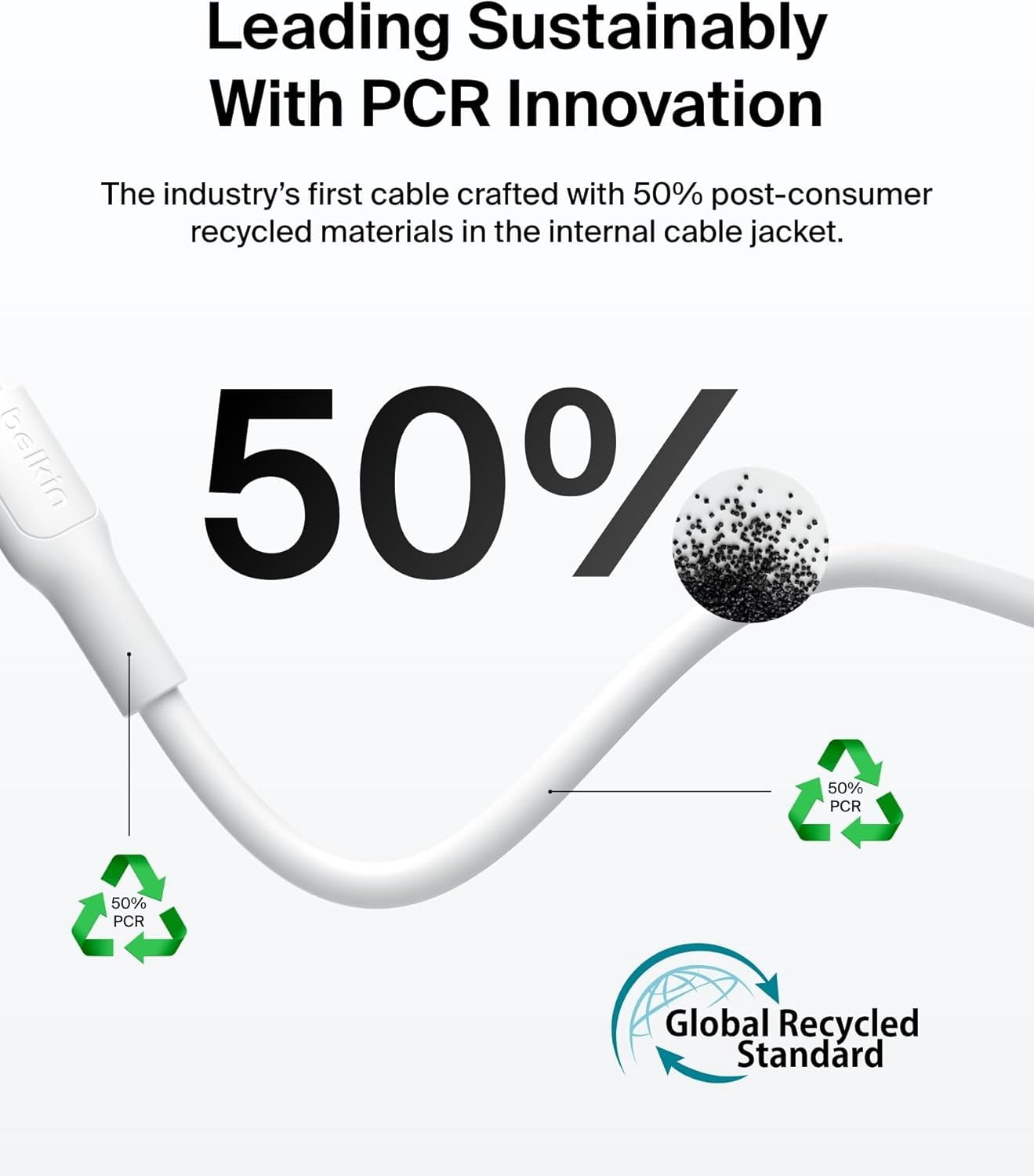 RGHJAR-Belkin Eco Braided USB-A to USB-C Cable (9.9ft, 15W) - Soft, Flexible Fast-Charging Cable, Type C Charger Cord for iPhone 17 & 16 Series, Galaxy S25, Pixel 9, iPad Pro, & More - White (USB 2.0