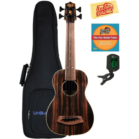 Kala UBASS-EBY-FL Striped Ebony Fretless Acoustic-Electric U-Bass Ukulele Bundle with Gig Bag, Tuner, Austin Bazaar Instructional DVD, and Polishing Cloth
