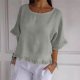 thumbnail image 2 of Blusa de manga corta con cuello redondo y volantes en el bajo, mezcla de lino, para mujer - S-XXXL, 2 of 5