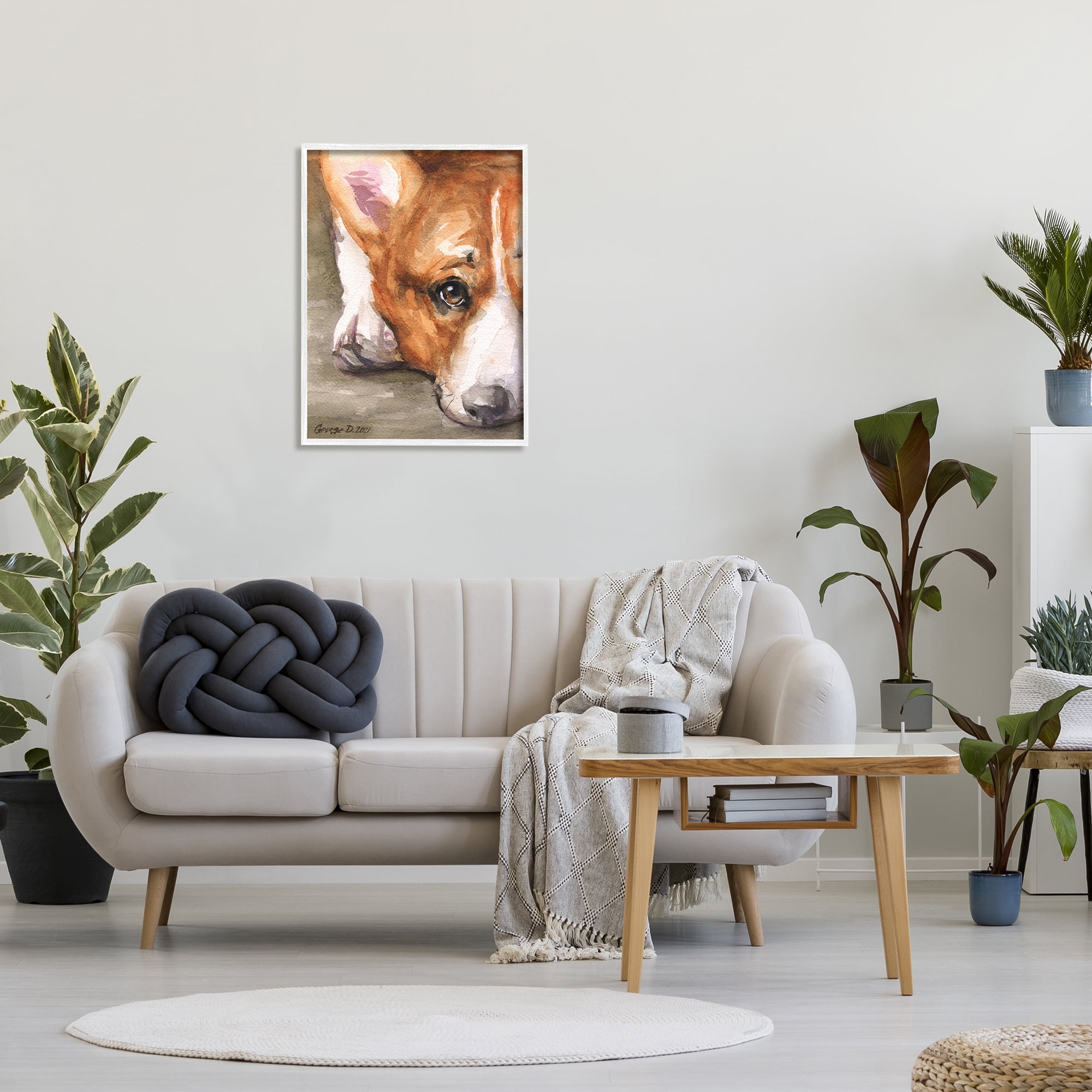 Stupell Industries Pleasant Corgi Puppy Dog Gazing Lying Down Painting White Framed Art Print Wall Art, Design by George Dyachenko