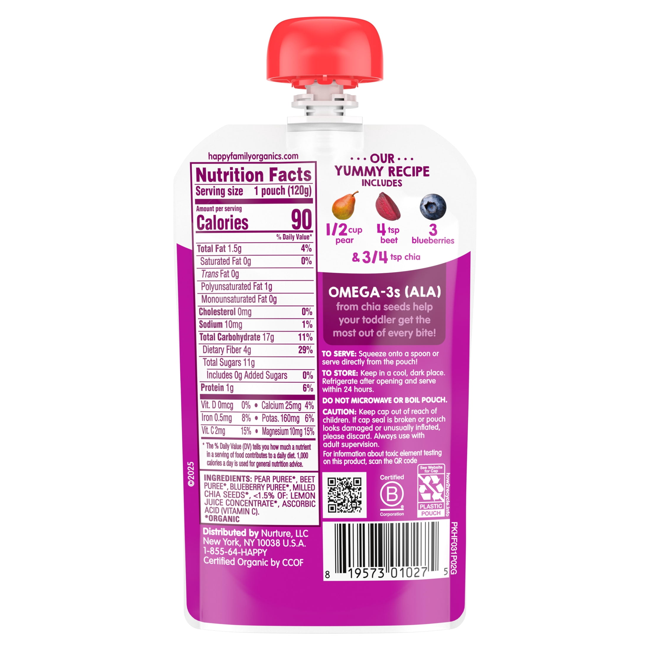 Happy Tot Organics SuperFoods Stage 4, Pears Beets Blueberries & Chia, Organic Tot Food, 4.22 oz.. Pouch, 4.22 oz. (8 pack)