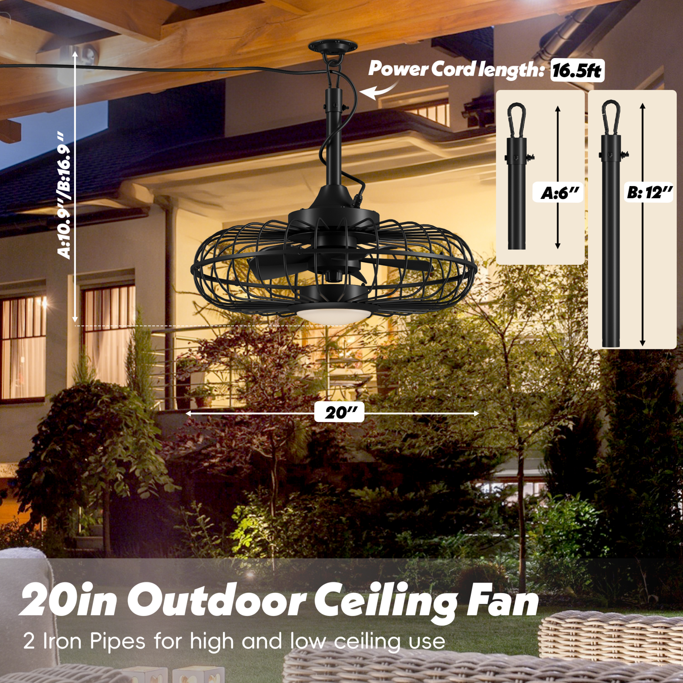 UrbanSync 20" Outdoor Ceiling Fan with Light with Remote, 6 Speeds & Timer, 3CCT Dimmable LED, IP65 Waterproof, for Kitchen, Bedroom, Outdoor,Round
