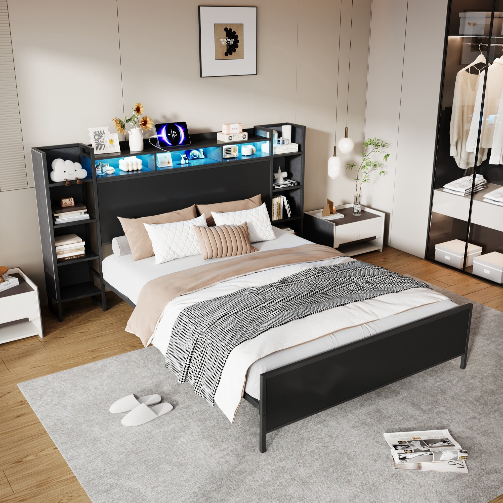 Mintazer King Size Bed Frame with LED Bookshelf Headboard & Charging Station, Modern Platform Bed for Bedroom Guest Room, Black