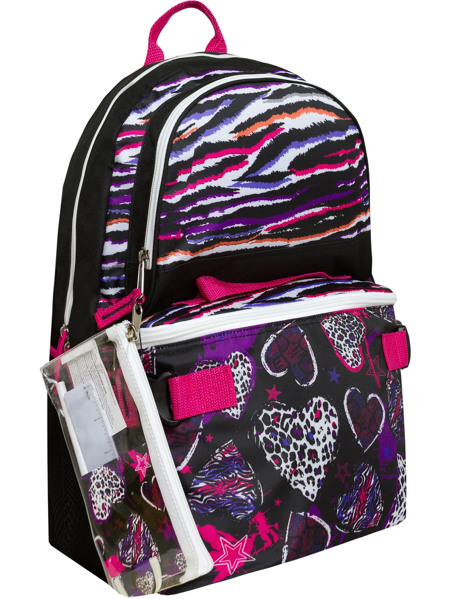 Triple Pocket 17" Zebra Print Backpack with Pencil Case and Lunch Bag