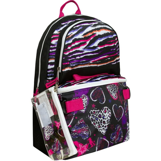 Triple Pocket 17" Zebra Print Backpack with Pencil Case and Lunch Bag