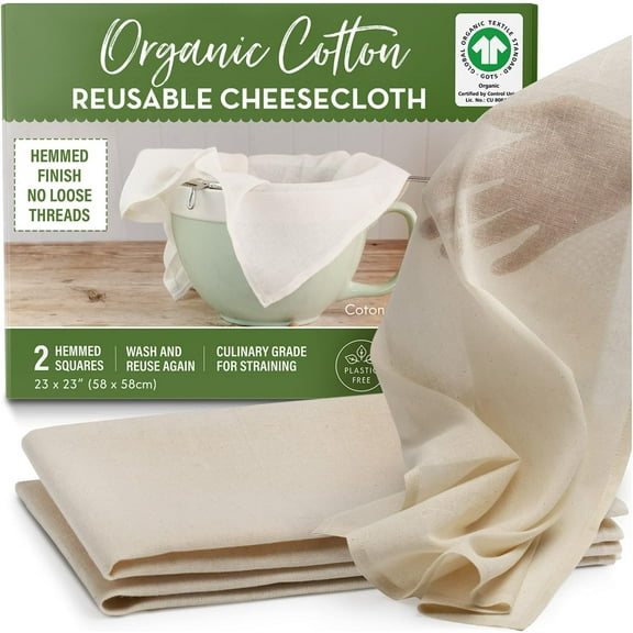 Organic Cotton Cheesecloth | 2 Hemmed Squares 23x23" | Reusable Filter Cloth | No Loose Threads