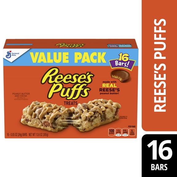 Reese's Puffs Breakfast Cereal Treat Bars, Peanut Butter & Cocoa, 16 Ct pack of 1