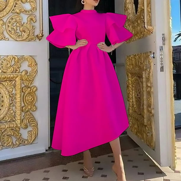 hot pink birthday dress plus size Plus Size Women's Hot Pink Fitted Mid-Length Dress, 3D Rose Asymmetric Neckline Short Sleeve, Elegant For Wedding Guest, Evening Party Summer