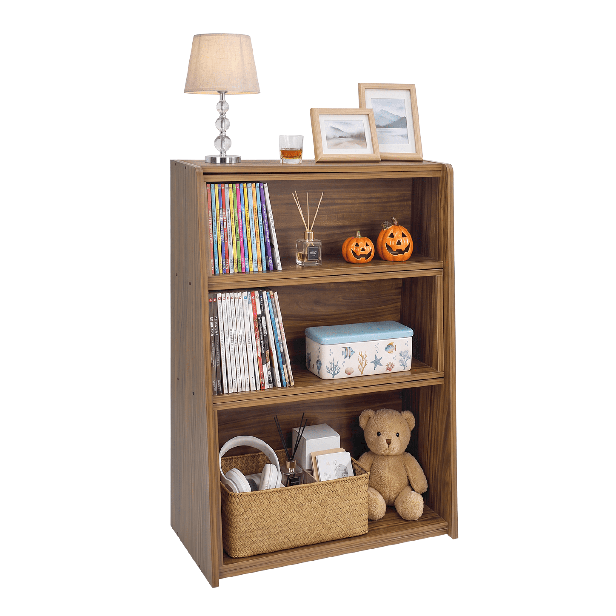 Leumius 3-in-1 Wooden Bookshelf,Convertible Extendable Bookcase,3-Tier Ladder Shelf for Living Room/Study,Walnut