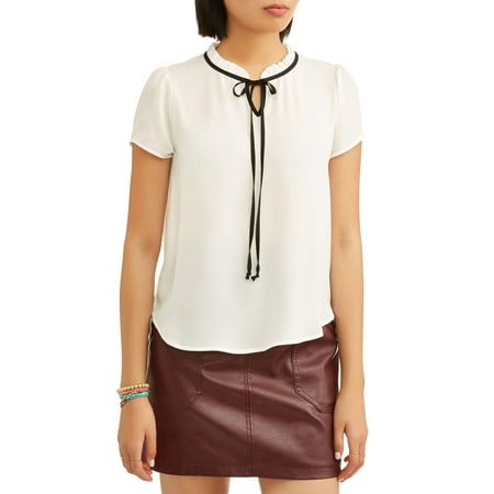 Short Sleeve Bow Tie - Juniors' Ruffle Bow Tie Neck Short Sleeve Blouse