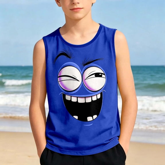 Boys Graphic Tees Breathable Graphic Print Crewneck Sleeveless Tank Top for Summer Wear Boys' Tops Tees Shirts Blue 3 Years-4 Years