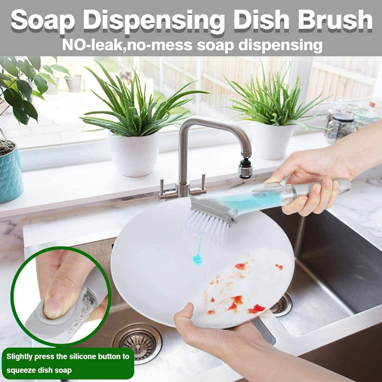 Dish Wand Soap Dispenser with 6 Refill Sponge Replacement Heads, Dish Brush  Handle for Cleaning Dishes, Kitchen Dishwashing Sponge Brush, Bottle Brush