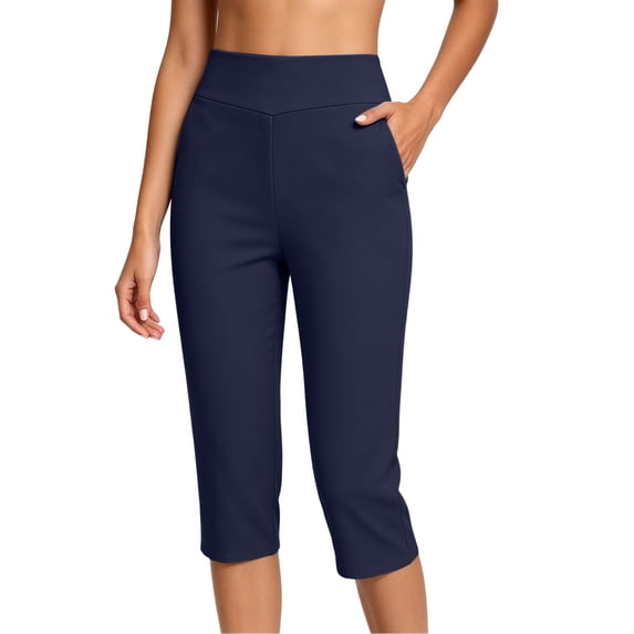 Oksale Womens High Waist Capri Leggings with Pockets Stretchy Comfortable Yoga Capris Lightweight Cropped Workout Pants Navy XL