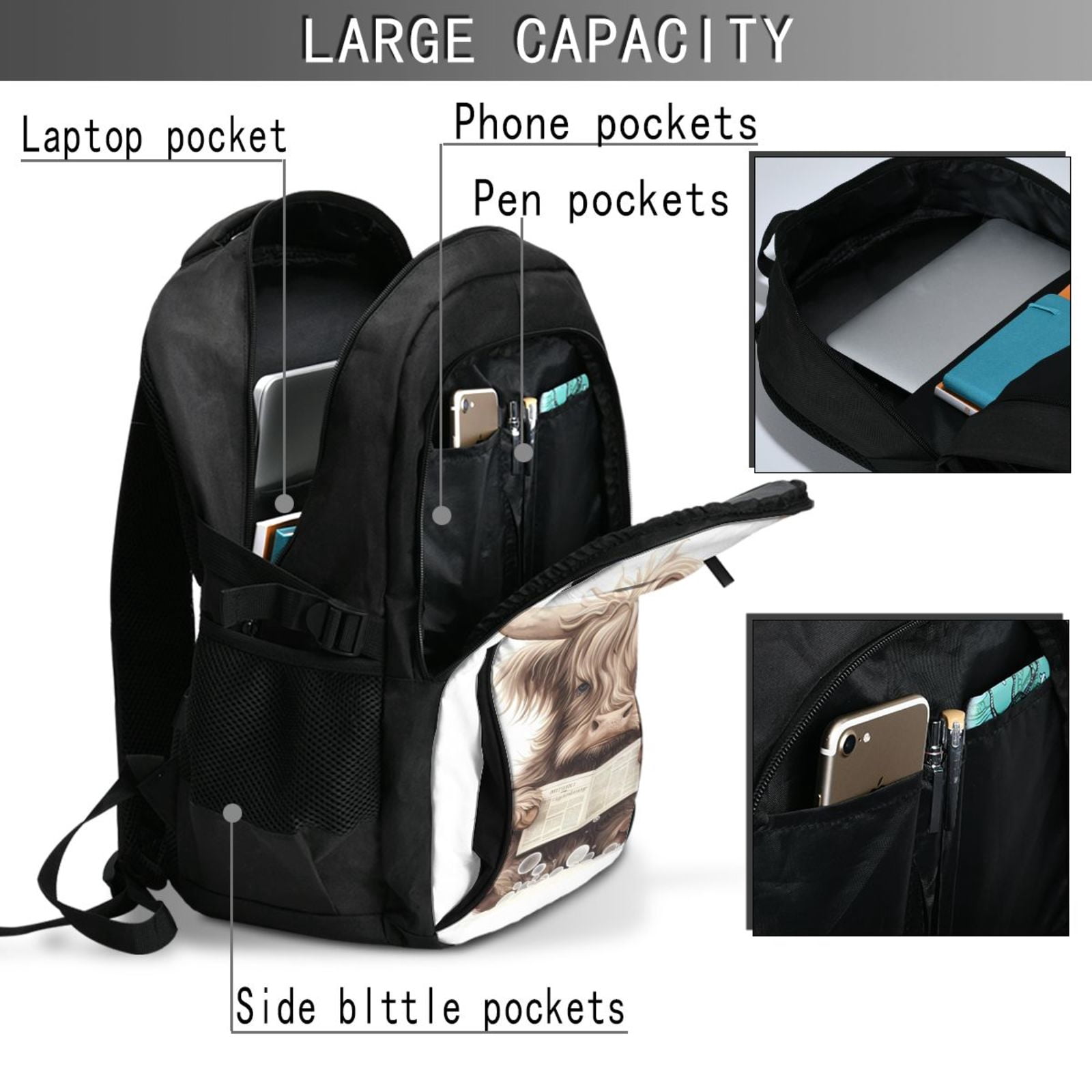 Ratiio Relaxed Cute Cow Reading Print Travel Laptop Backpack,Slim Sturdy Laptops Backpack with USB Charging Port, Water Resistant College School Computer Bag