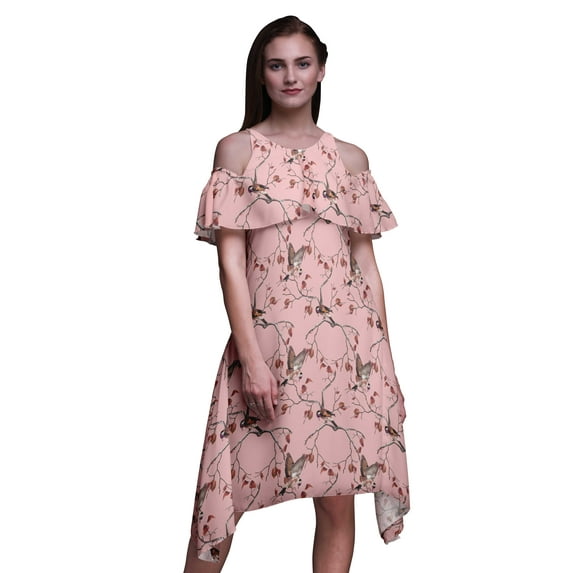 Bimba Bird Print Flutter Sleeve Women’s Party Tunic Cold Shoulder Midi Dress-X-Large